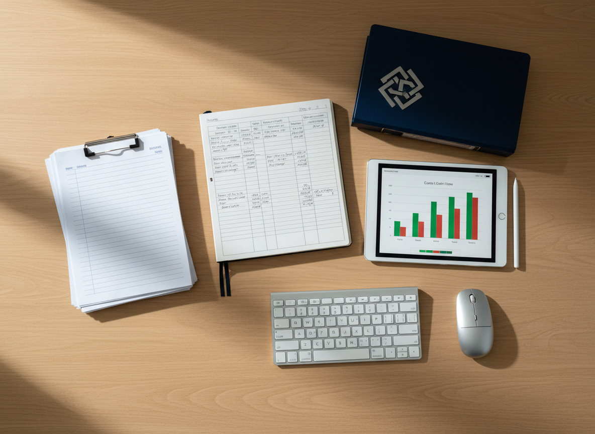 A detailed, photographic overhead view of a small business bookkeeping scenario: a smooth, light oak table with a neatly stacked pile of invoices, a bound notebook with ruled pages filled with tidy numeric entries, and a modern tablet displaying a monthly cash-flow graph. Nearby, a discreet, non-textual metal badge on a navy binder implies professional accreditation and years of experience. A simple, wireless keyboard and mouse complete the setup. Natural afternoon light from the side window casts long, soft shadows across the documents, emphasizing structure and clarity. The composition uses rule-of-thirds, with crisp focus across the frame, conveying a sense of order, reliability, and methodical financial management for business owners.