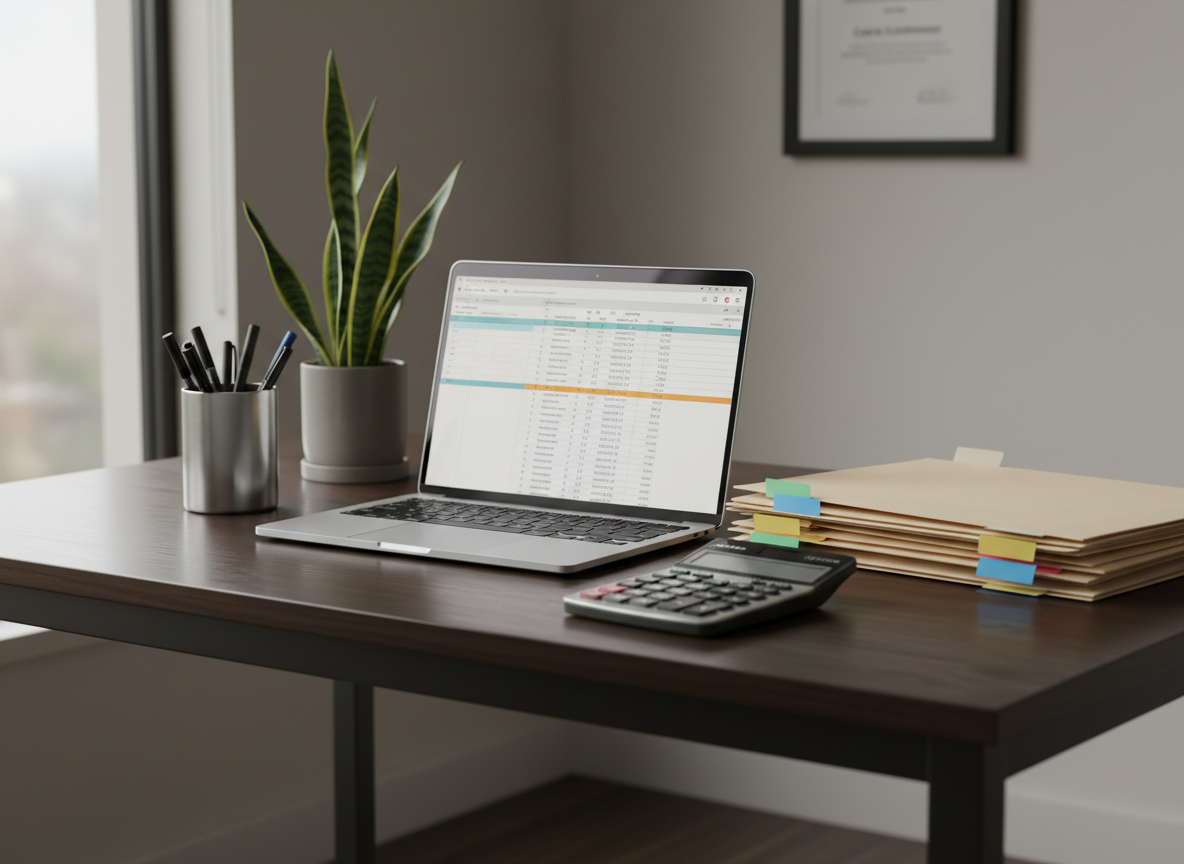 A meticulously organized bookkeeping workspace featuring a sleek, dark wood desk with a matte finish, a slim modern laptop displaying a clean spreadsheet, and neatly stacked manila folders with color-coded tabs. A professional calculator, metal pen cup, and a small potted plant with deep green leaves add subtle detail. The scene is set near a large window, with diffused late-morning natural light creating soft highlights on the desk and gentle shadows behind each object. Photographic realism at eye level with a slight angle, sharp focus on the tools, and a softly blurred background of neutral walls and a simple framed certificate, conveying trust, professionalism, and calm efficiency.