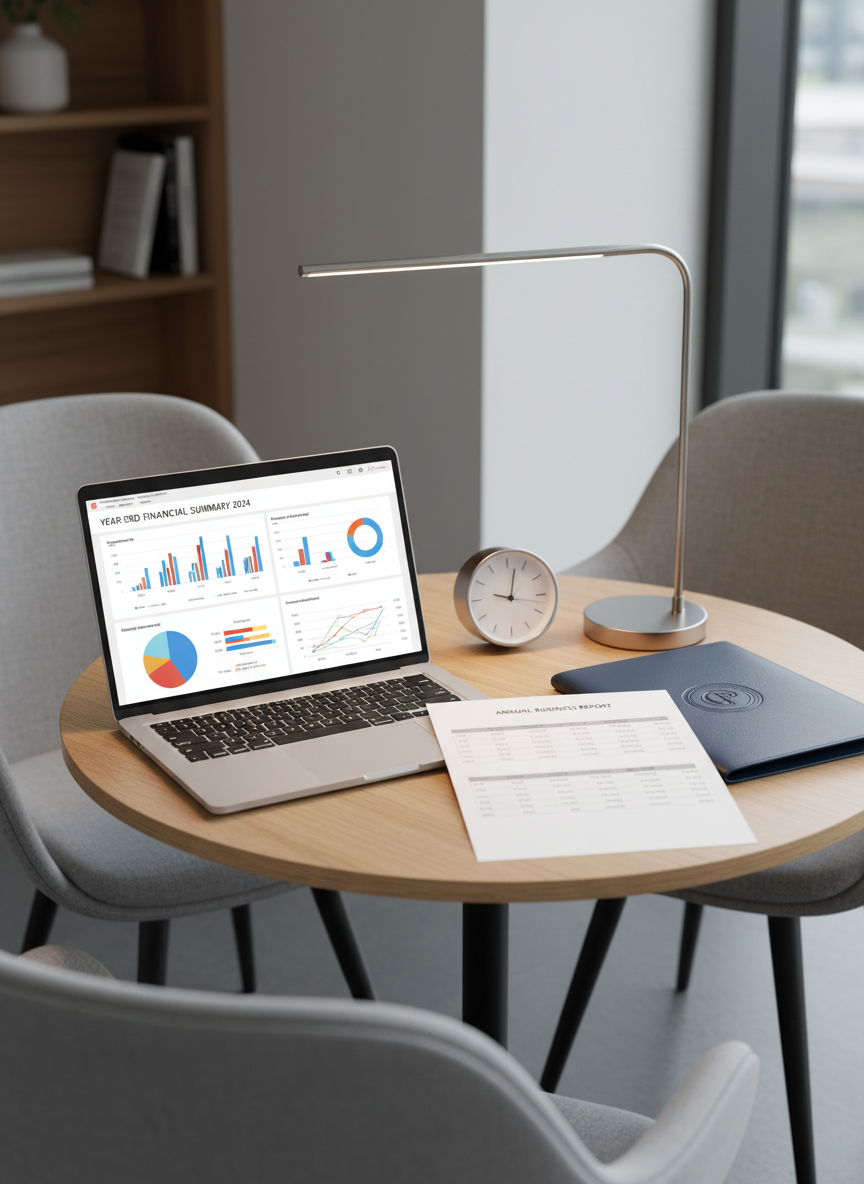 A modern bookkeeping consultation setup without people, showing two facing chairs implied by their edges around a small round table, where the focus is on the documents and tools in between. On the table rests an open laptop with a clear, colorful financial summary, a printed year-end report with tidy columns, and a closed, navy-blue portfolio embossed with a subtle, abstract seal suggesting certification. A small desk clock and minimalist metal lamp hint at punctual, dependable service. Warm, diffused lamp light combines with soft ambient room light, creating a welcoming yet professional atmosphere. Photographic realism from a slightly elevated angle, with clean lines and uncluttered composition, communicates readiness to help clients so they can focus on what they love while bookkeeping is expertly handled.