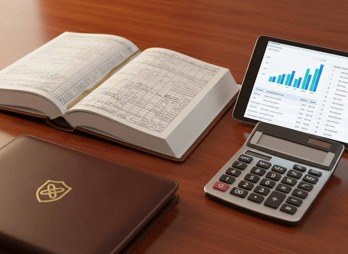 A close-up, photographic image of a polished wooden tabletop covered with carefully arranged bookkeeping materials: a thick ledger book open to tidy, handwritten lines, a tablet showing clean bar charts and financial summaries, and a stainless-steel calculator with crisp buttons. Beside them, a subtle, non-textual gold emblem on a leather portfolio suggests certification and experience without words. Soft studio lighting from the upper left creates gentle reflections on the metal surfaces and a warm glow on the paper edges. Shot from a slightly elevated angle with a shallow depth of field, the composition feels precise, orderly, and reassuring, emphasizing accuracy and professional care in financial record-keeping.