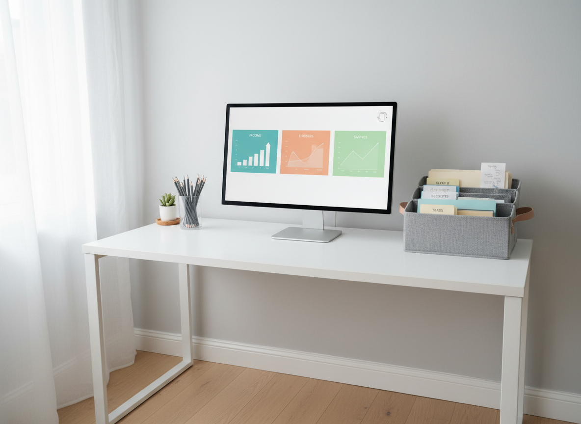 A serene home office corner dedicated to bookkeeping, featuring a minimalist white desk against a pale grey wall, with a slim monitor displaying a clear, colorful dashboard of income, expenses, and savings. On the desk, an elegant glass cup holds sharpened pencils, while a structured fabric organizer contains labeled folders and receipts. A subtle, abstract icon resembling a phone in the corner of the screen hints at easy contact and support. Soft overcast daylight filters through a sheer curtain, creating a calm, evenly lit space. Captured in photographic realism from an eye-level perspective with balanced composition, the atmosphere is inviting, stress-free, and focused, suggesting that clients can relax while their books are handled.